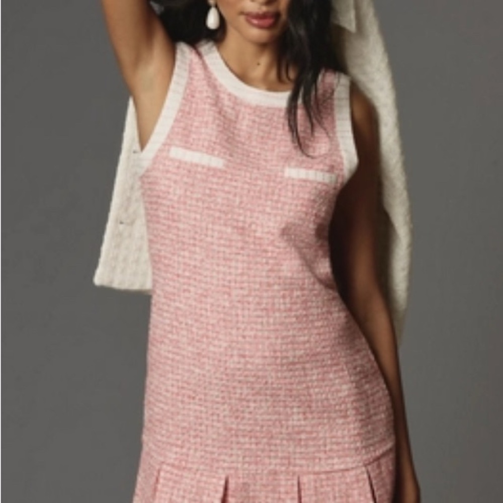 Maeve By Anthropologie Pink Tweed Pleated Preppy Dress Size Large